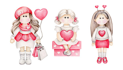 Watercolor valentines girls set.Elegant girl with shopping bags and balloon.Girl with heart sitting on valentine's gift box.Saint Valentine's Day illustration