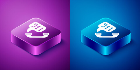 Isometric Telephone with emergency call 911 icon isolated on blue and purple background. Police, ambulance, fire department, call, phone. Square button. Vector.