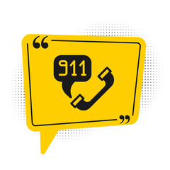 Black Telephone with emergency call 911 icon isolated on white background. Police, ambulance, fire department, call, phone. Yellow speech bubble symbol. Vector.