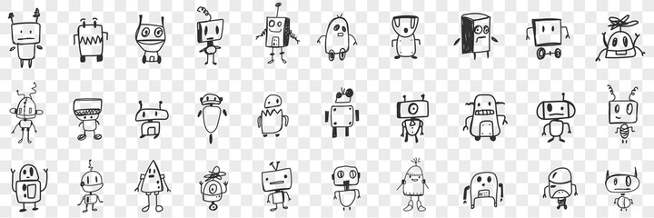 Slats personalizados com sua foto Various smart robots doodle set. Collection of hand drawn cute electronic robots with human heads in rows isolated on transparent background. Illustration of high technologies concept 