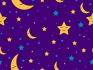 Obraz na płótnie Canvas Good night. Sleeping crescent and stars seamless pattern. Night sky. Sweet dream, print for bed linen, pajamas and paper. Vector illustration