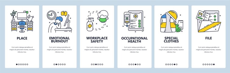 Workplace safety, protective clothes, occupational health. Mobile app onboarding screens, vector website banner template