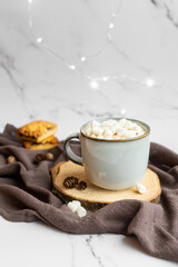 Hot cocoa with marshmallows and cookies. Warming winter drink.