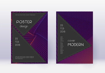 Black cover design template set. Violet abstract lines on dark background. Alive cover design. Nice catalog, poster, book template etc.