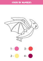 Color cartoon flying dinosaur pterodactyl by numbers. Counting game.