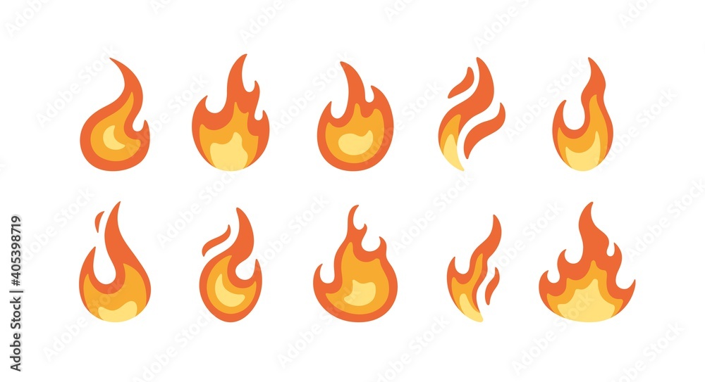 Poster set of bright burning flame and bonfire icons and logo design elements. collection of simple fire wa
