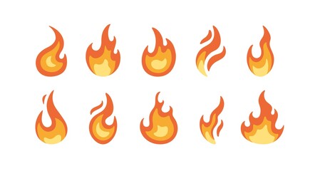 Set of bright burning flame and bonfire icons and logo design elements. Collection of simple fire warning signs of different shapes isolated on white background. Colored flat vector illustration