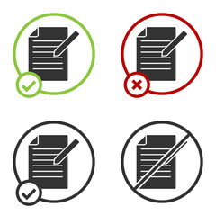Black Document and pen icon isolated on white background. File icon. Checklist icon. Business concept. Circle button. Vector.