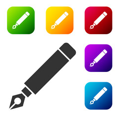 Black Fountain pen nib icon isolated on white background. Pen tool sign. Set icons in color square buttons. Vector.