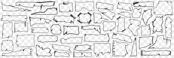 Various paper parchment doodle set. Collection of hand drawn parchment paper with torn edges of various shapes cut in pieces isolated on transparent background. Illustration of forms