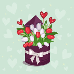 Round box with red and white tulips and hearts for Valentine's Day, Women's Day, Mother's Day. Flowers as a gift for a girl, mom, wife, grandmother, girlfriend. Vector flat illustration with