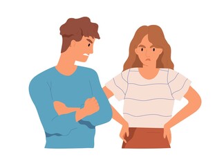 Couple of angry aggressive man and upset woman arguing and conflicting. Argument and offense between two people. Scene of family quarrel. Colored flat vector illustration isolated on white background