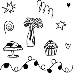 Hand drawn doodle set for party with sweets, roses, stars, garland, heart. Vector illustration