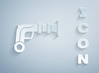 Paper cut Vintage pistols icon isolated on grey background. Ancient weapon. Paper art style. Vector.