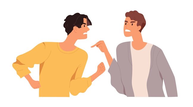 Angry men arguing and conflicting. Quarrel and fight between two aggressive people. Male characters shouting, blaming and criticizing. Colorful flat vector illustration isolated on white background