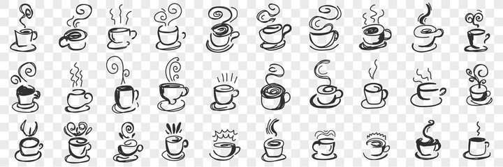 Hot drinks in cups doodle set. Collection of hand drawn hot tea, coffee, cocoa in mugs and cups for breakfast with flying steam isolated on transparent background. Illustration of hot homemade drinks