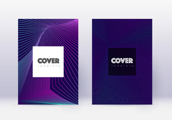 Hipster cover design template set. Neon abstract lines on dark blue background. Cool cover design. Splendid catalog, poster, book template etc.