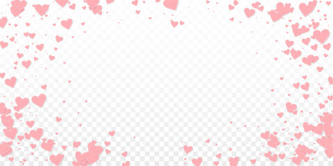 Pink heart love confettis. Valentine's day vignette curious background. Falling stitched paper hearts confetti on transparent background. Extra vector illustration.