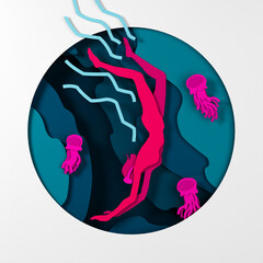 Woman in diving mask swimming under water with jellyfishes.3d illustration. © Graphicrumbs
