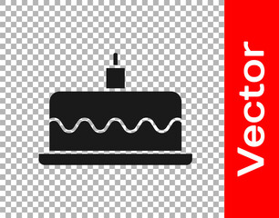 Black Cake with burning candles icon isolated on transparent background. Happy Birthday. Vector.