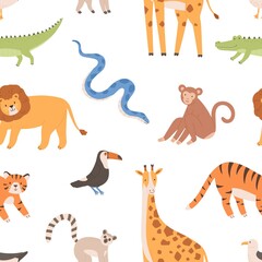 Seamless pattern with African wild tropical animals. Endless repeatable backdrop with monkey, tiger, lion, crocodile, snake, giraffe and birds. Colorful flat vector illustration on white background