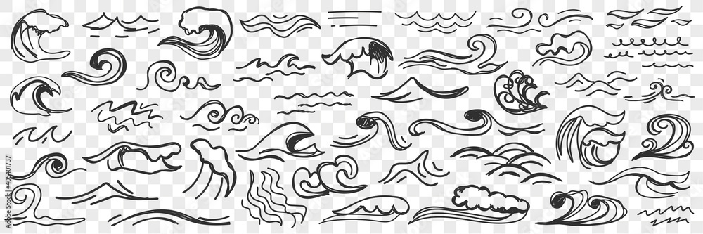 Wall mural Sea waves on water surface doodle set. Collection of hand drawn ocean and sea waters with waves during storm and gloomy weather isolated on transparent background. Illustration of waves shapes 