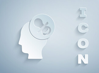 Paper cut Baby dummy pacifier icon isolated on grey background. Toy of a child. Paper art style. Vector.