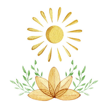 Watercolor painting design lotus with sun, orange chakra human lotus in mental pose yoga, abstract world icons and Logo design, eco shop labels, organic posters.