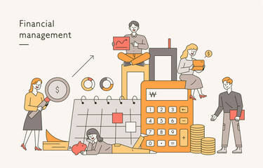 financial management banner. There are expert characters around a large calculator, a calendar, and a pile of money.