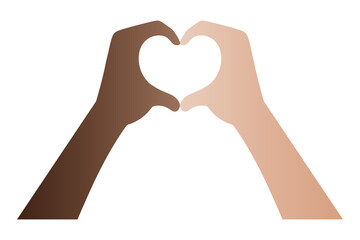 Obraz premium The hands of an African American and a European are folded in the shape of a heart. A sign of love from the palms of different nations. Vector illustration. Isolated white background. Multiethnic.