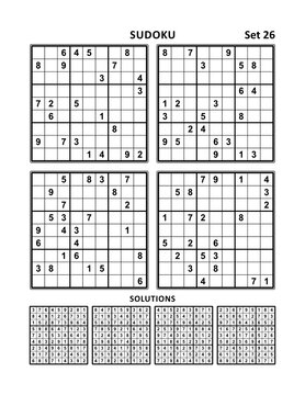 Four sudoku puzzles of comfortable (easy, yet not very easy) level, on A4 or Letter sized page with margins, suitable for large print books, answers included. Set 26.
