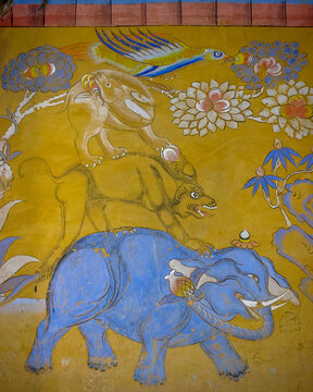 Mural representing the Four Harmonious Friends in Wanduechhoeling or Wangdicholing palace in Jakar, Bumthang, central Bhutan 