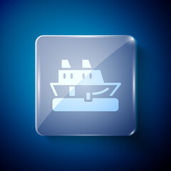 White Cruise ship icon isolated on blue background. Travel tourism nautical transport. Voyage passenger ship, cruise liner. Worldwide cruise. Square glass panels. Vector.
