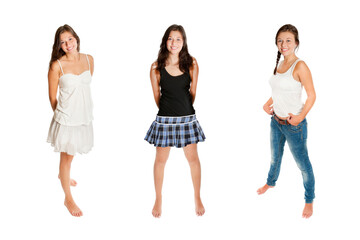 Three full length portraits of a beautfiul young woman wearing casual summer clothes, isolated on white studio background