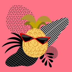 Vintage seamless pattern concept combining with pineapple, leaf and simple shape and line in pink background.