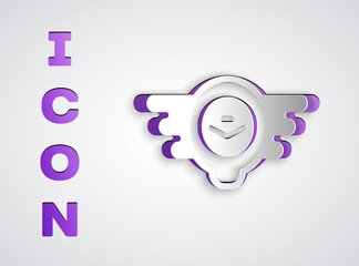 Paper cut Aviation emblem icon isolated on grey background. Military and civil aviation icons. Flying emblem, eagle bird wing and winged frame. Paper art style. Vector.