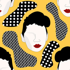 Contemporary seamless pattern concept combining with the white face of woman and simple shape in yellow background.