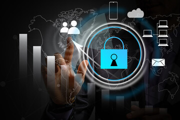 Cyber security network concept. Hand using smartphone with master key connect world networking...