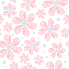 Vector seamless floral pattern in pastel colors on a white background pink flowers of different sizes and blue polka dots circles