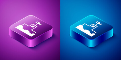 Isometric Award over sports winner podium icon isolated on blue and purple background. Square button. Vector.