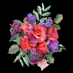 Red roses and purple flowers isolated on black background. Floral arrangement, bouquet of garden...