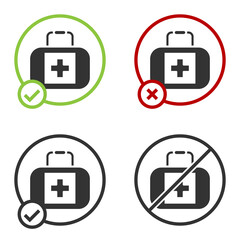 Black First aid kit icon isolated on white background. Medical box with cross. Medical equipment for emergency. Healthcare concept. Circle button. Vector.