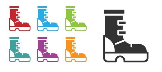 Black Waterproof rubber boot icon isolated on white background. Gumboots for rainy weather, fishing, gardening. Set icons colorful. Vector.