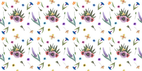 Watercolor  seamless floral pattern with meadow flowers, leaves, floral bouquet, buds on white background. Hand painted, colorful, tender and romantic design