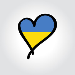 Ukrainian flag heart-shaped hand drawn logo. Vector illustration.