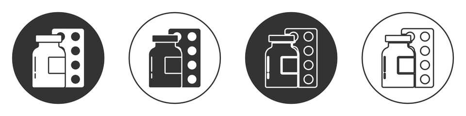 Black Pills in blister pack icon isolated on white background. Medical drug package for tablet, vitamin, antibiotic, aspirin. Circle button. Vector.