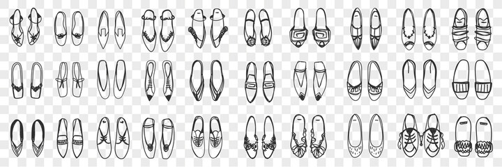 Pairs of feminine shoes doodle set. Collection of hand drawn stylish elegant shoes sandals and sneakers pairs standing in rows isolated on transparent background. Illustration of footwear 