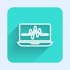 White line Laptop with cardiogram icon isolated with long shadow. Monitoring icon. ECG monitor with heart beat hand drawn. Green square button. Vector Illustration.