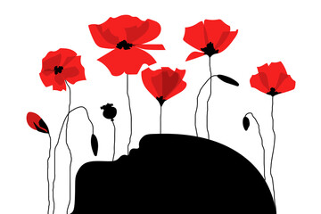 Abstract black head silhouette and red poppies. Drug addiction danger concept. Flat cartoon style.