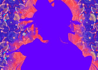 Silhouette of a Japanese geisha having a Japanese smoke pipe in front of asiantique wallpaper
